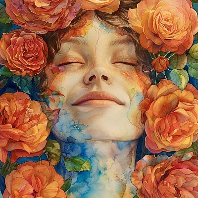 Un visage entouré de roses